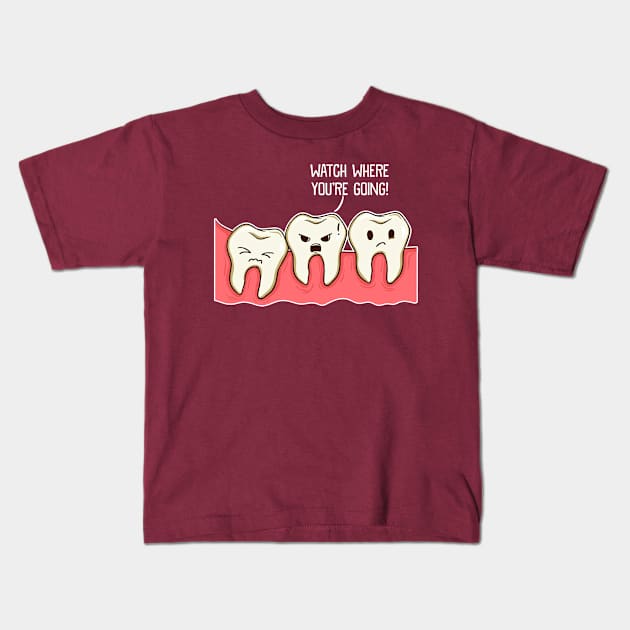 Watch Where You Are Going Crowded Mouth Funny Teeth Kids T-Shirt by SoCoolDesigns